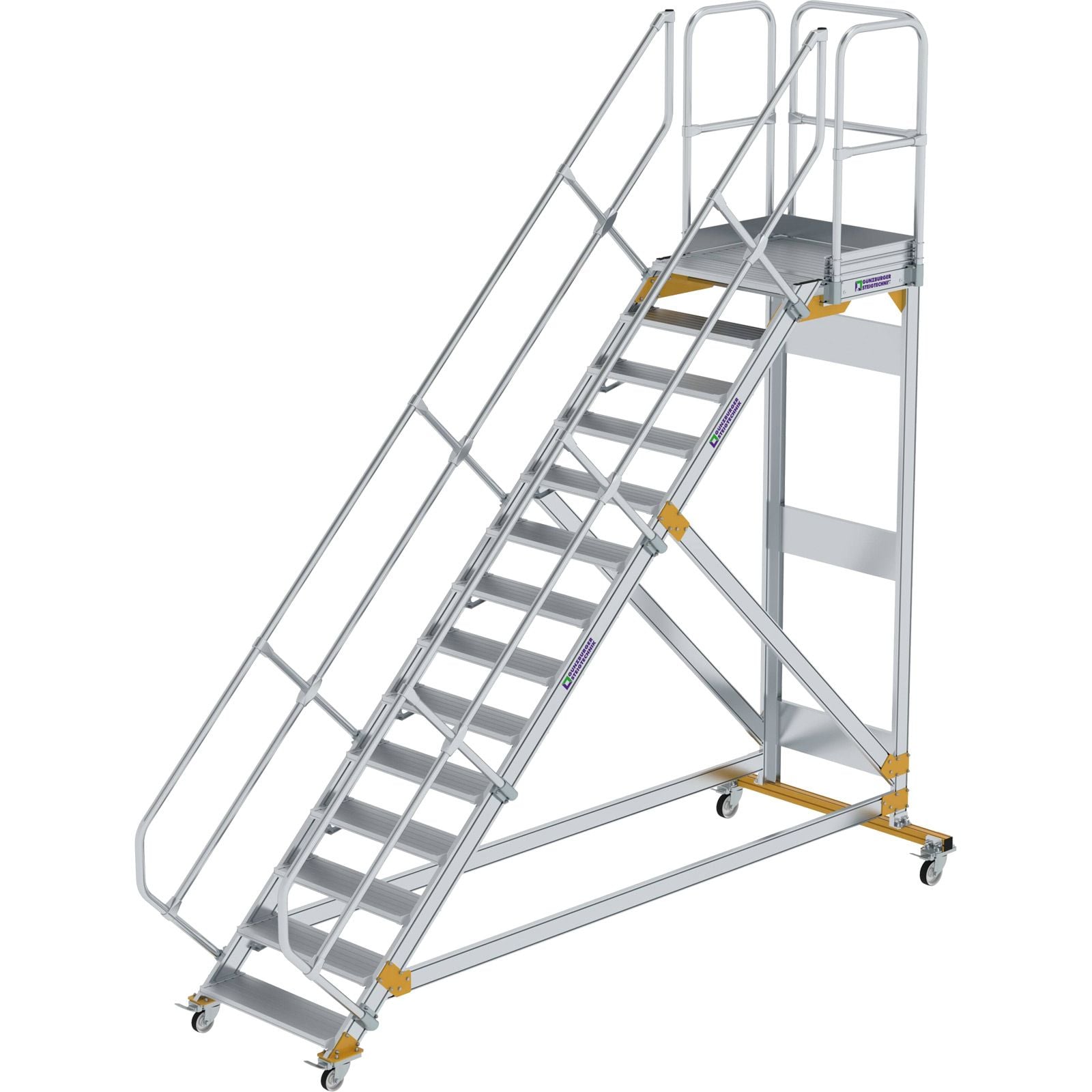 Günzburger Steigtechnik Plattformtreppe 45° fahrbar Stufenbreite 0,8 m 14 Stufen Aluminium geriffelt - 600794