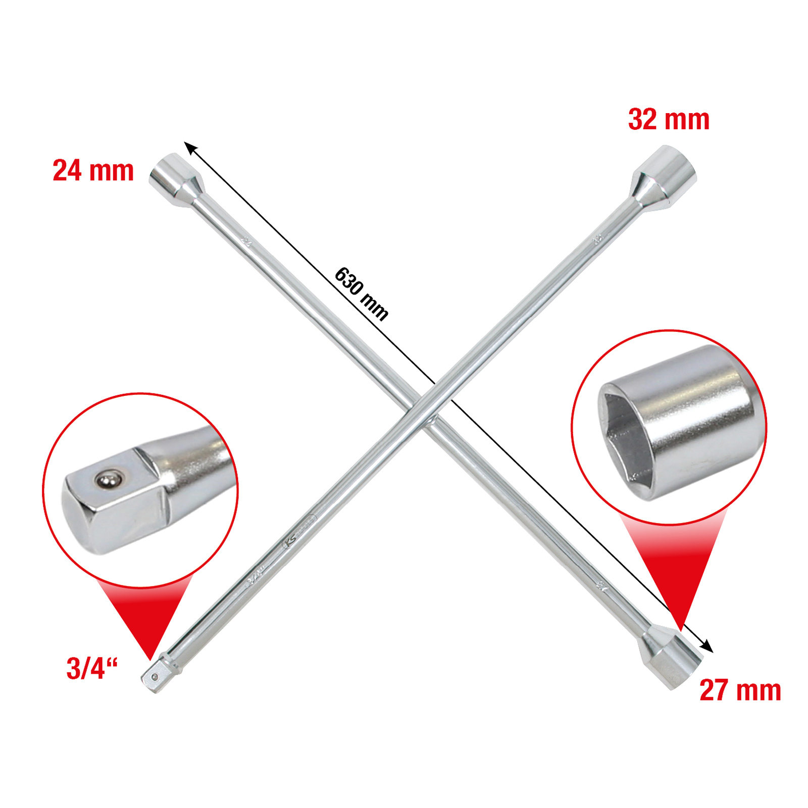KS TOOLS Radkreuzschlüssel für LKW 3/4" x 24 x 27 x 32 mm - 518.1155