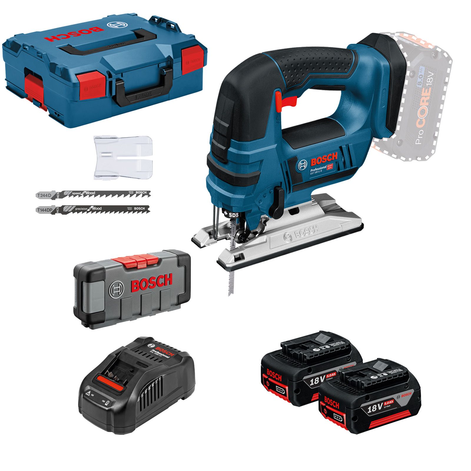 Bosch Akku-Stichsäge GST 18V-LI B / 2x 5,0 Ah Akku + Ladegerät inkl. Zubehör-Set und 30tlg. Stichsägeblätter-Set Wood in L-Boxx