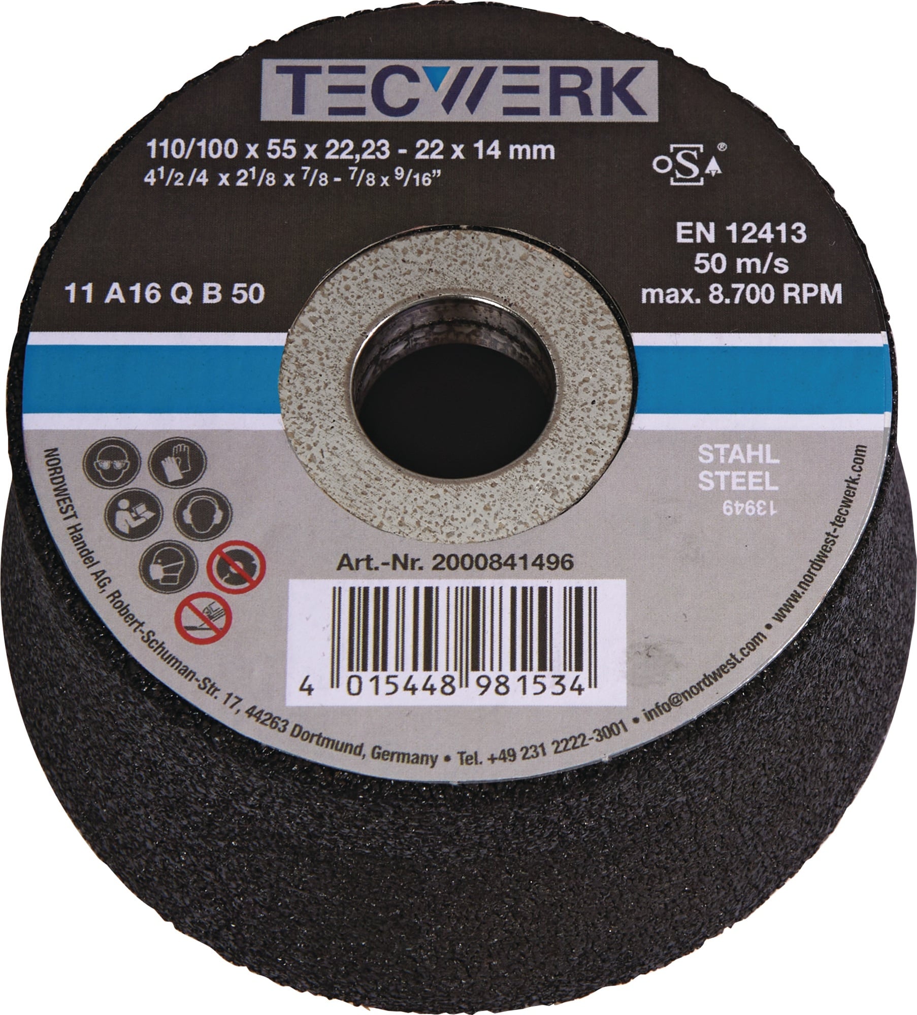 Schleiftopf A16Q 110/100mm STA u.Stahlguss 16 Bohr.22,23mm TECWERK