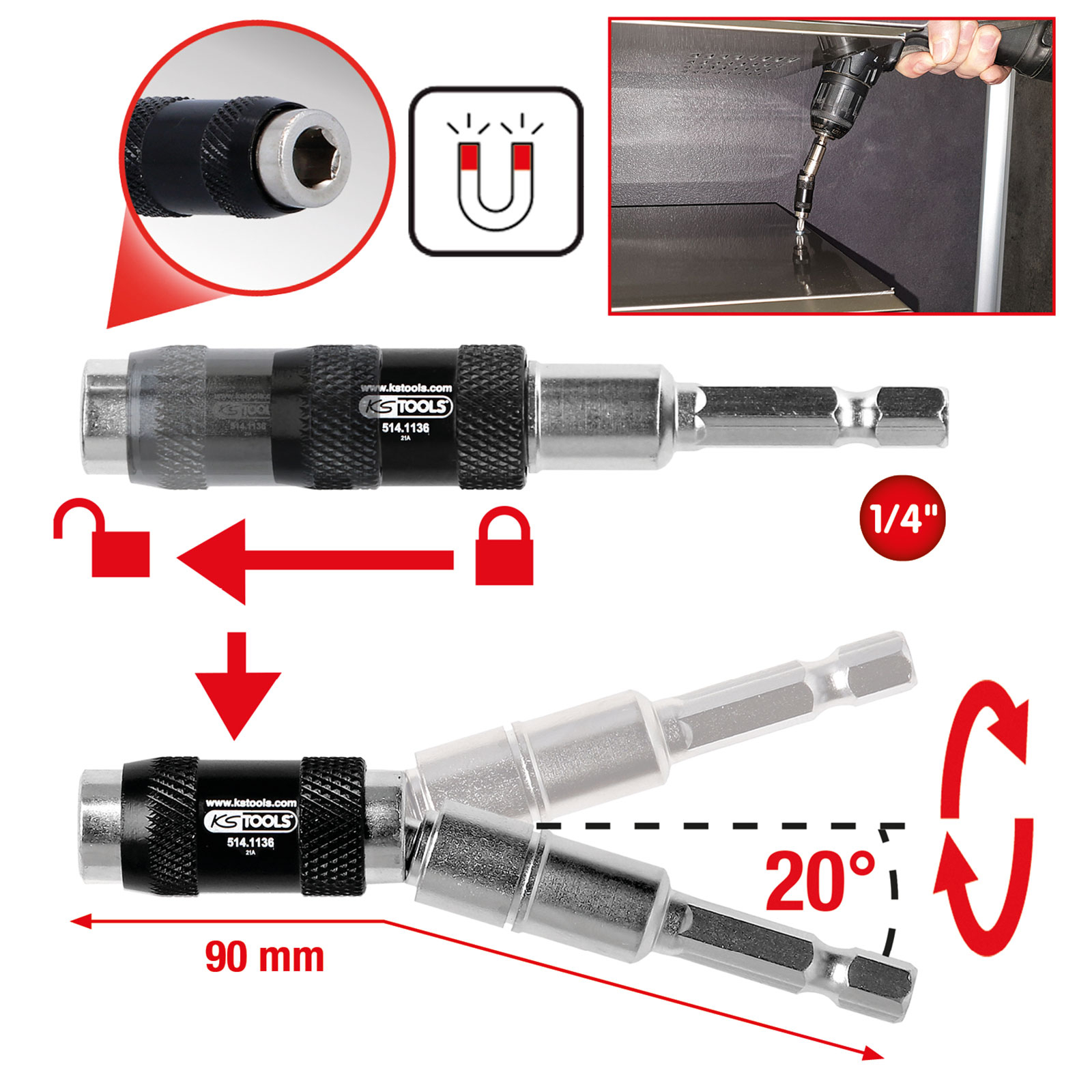 KS TOOLS 1/4" Magnetischer Schnellwechsel-Bithalter mit Gelenk - 514.1136