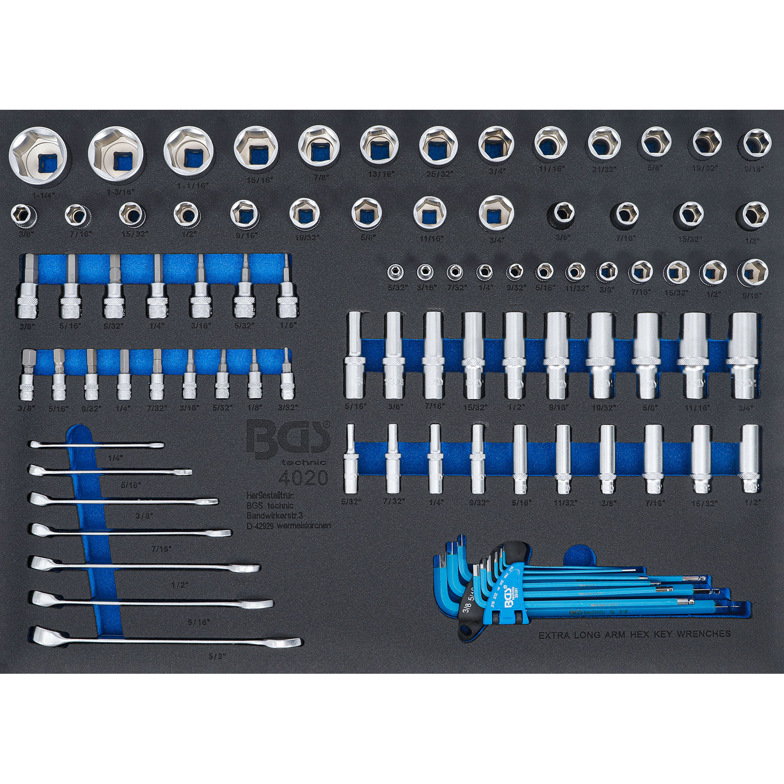 BGS Werkstattwageneinlage 3/3: Steckschlüssel-Einsätze / Maul-Ringschlüssel Zollgrößen 90tlg. - 4020