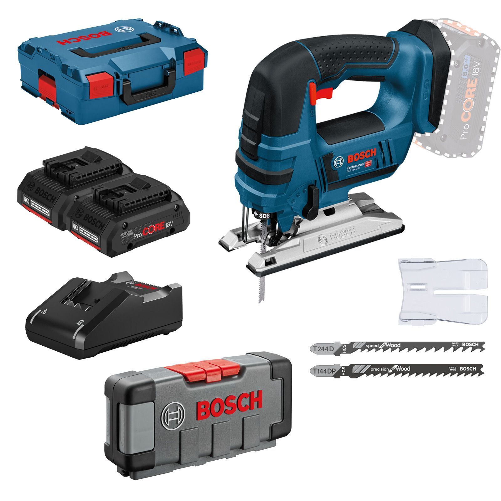 Bosch Akku-Stichsäge GST 18V-LI B / 2x 4,0 Ah ProCORE18V Akku + Ladegerät inkl. 30tlg. Stichsägeblätter-Set Wood in L-Boxx