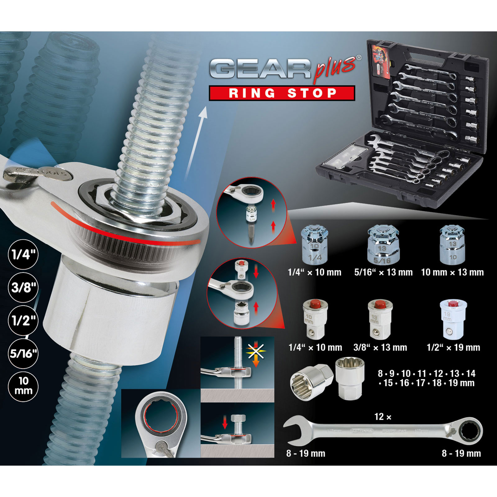 KS TOOLS GEARplus RINGSTOP-Ratschenringmaulschlüssel-Satz 30tlg. mit Adapter - 503.4960