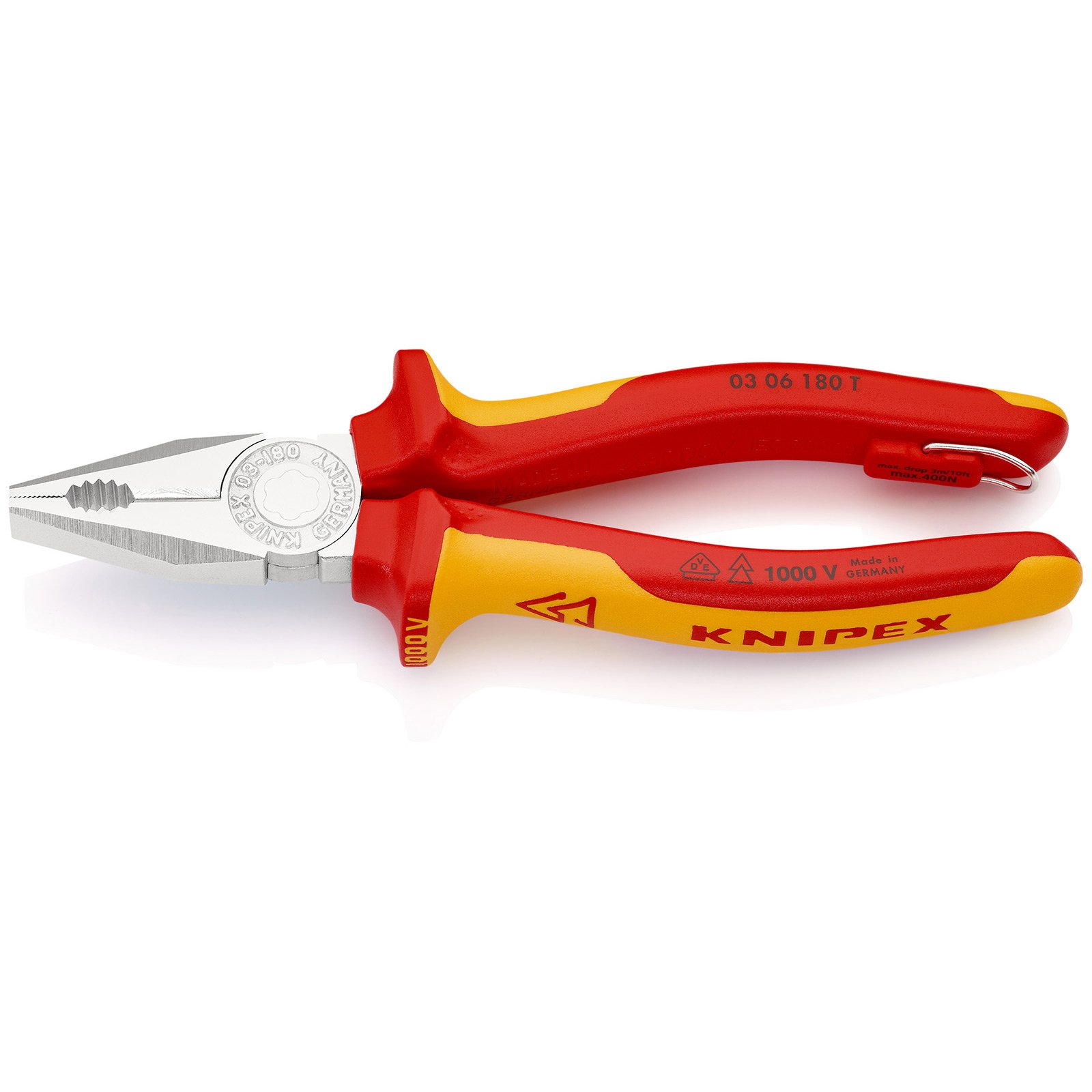 Knipex Kombizange mit Befestigungsöse verchromt, isoliert mit Mehrkomponenten-Hüllen, VDE-geprüft; mit integrierter isolierter Befestigungsöse zum Anbringen einer Absturzsicherung 180 mm - 0306180TBK