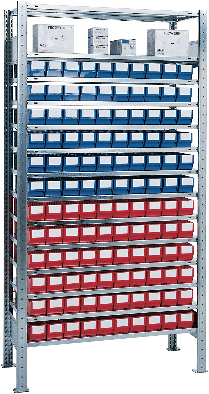 Steckregal H2000xB1000xT400mm Grundregal 12 Stahl-Bd.60x3 blau,60x3 rot TECWERK