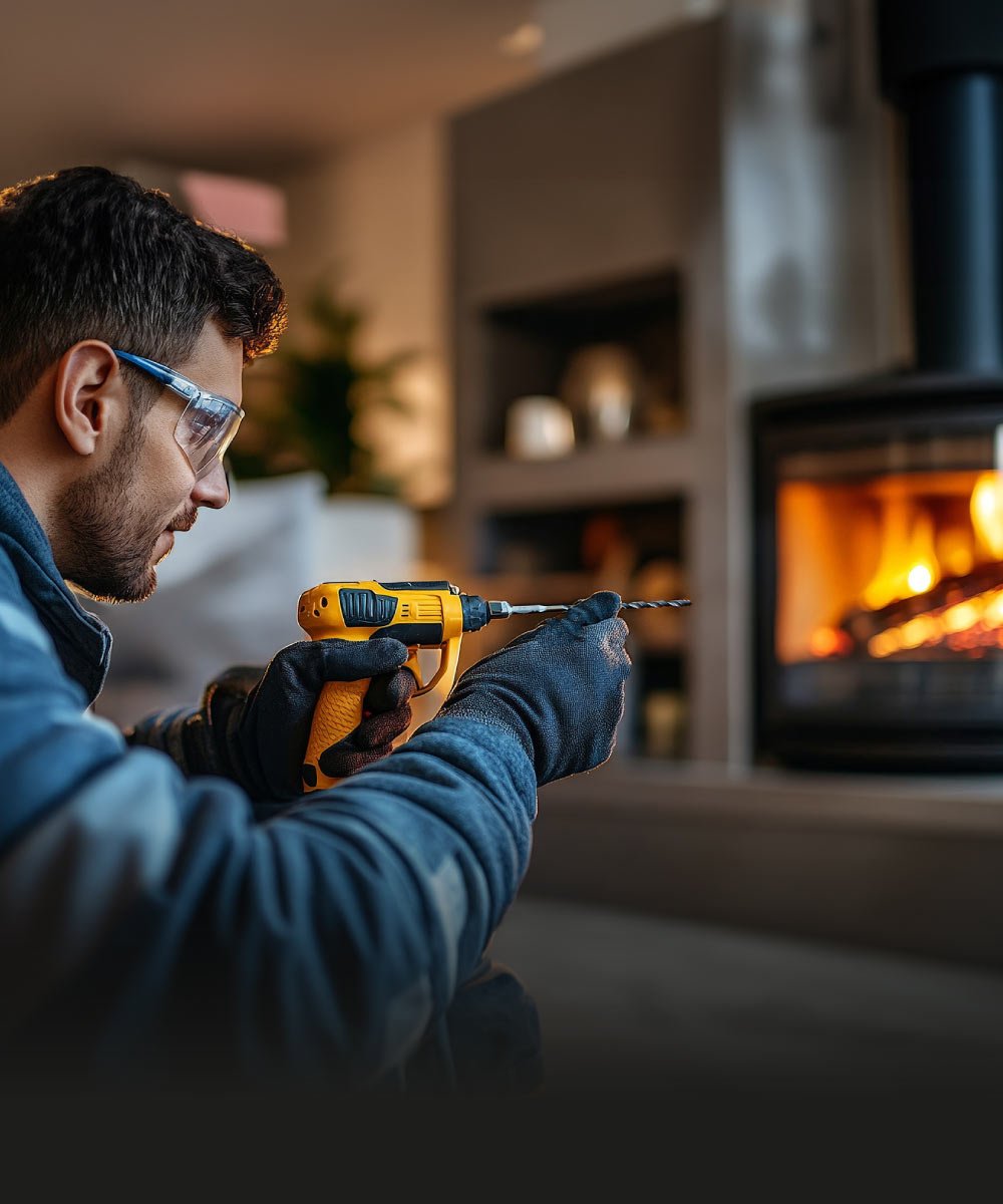 Handwerker bohrt mit Bohrmaschine vor dem Kamin