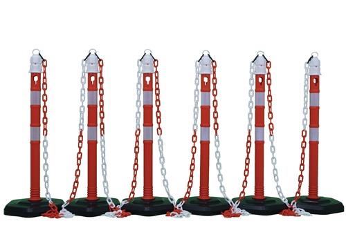 Sperrpfostenset PPC rot/weiß m.Sechskantfuß D63xH1.000mm 6 Pfosten u.5 Ketten - 12463ZR