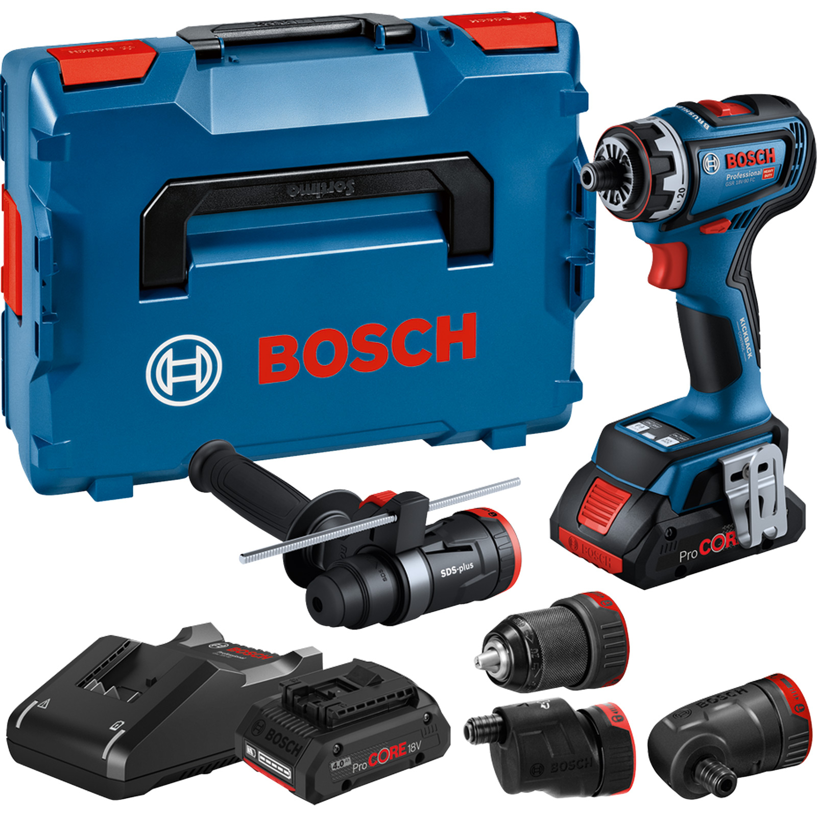 Bosch Akku-Bohrmaschine GSR 18V-90 FC / 2x 4,0 Ah ProCORE18V + Aufsätze + L-Boxx - 06019K6200