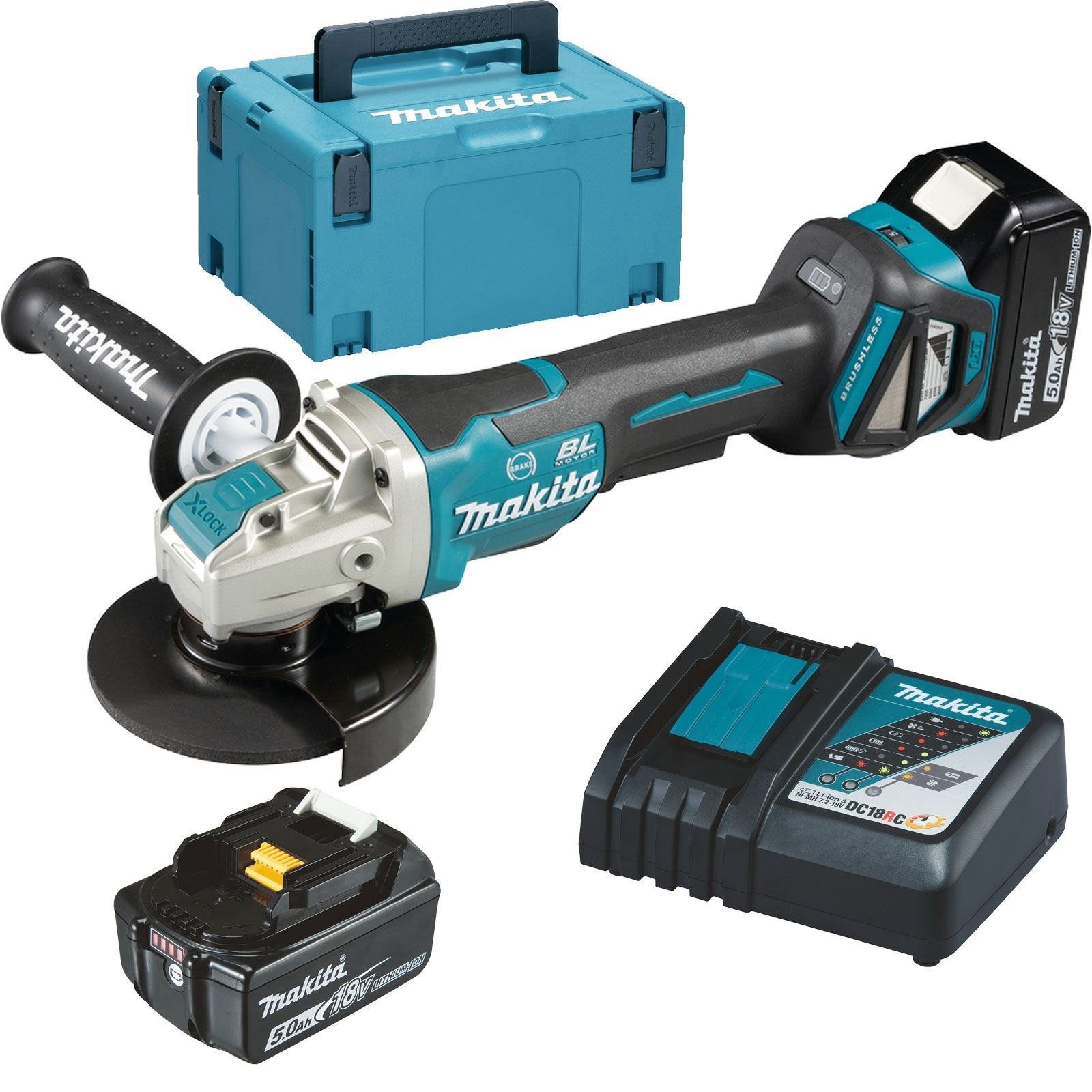 Makita DGA519RTJ Akku-Winkelschleifer Ø 125 mm 18 V / 2x 5,0 Ah Akku + Ladegerät im Makpac