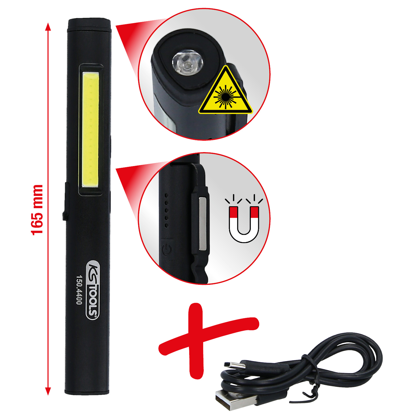 KS TOOLS LED COB Stripe Inspektionslampe 350 Lumen mit UV-Spot LED und Laserpointer - 150.4400