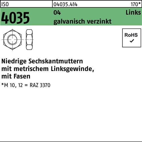Sechskantmutter ISO 4035 niedrig Fasen links M6 Automatenstahl galv.verz. 100St.
