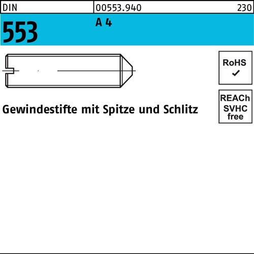 Gewindestift DIN 553 Schlitz/Spitze M6x 16 A 4 25 Stück