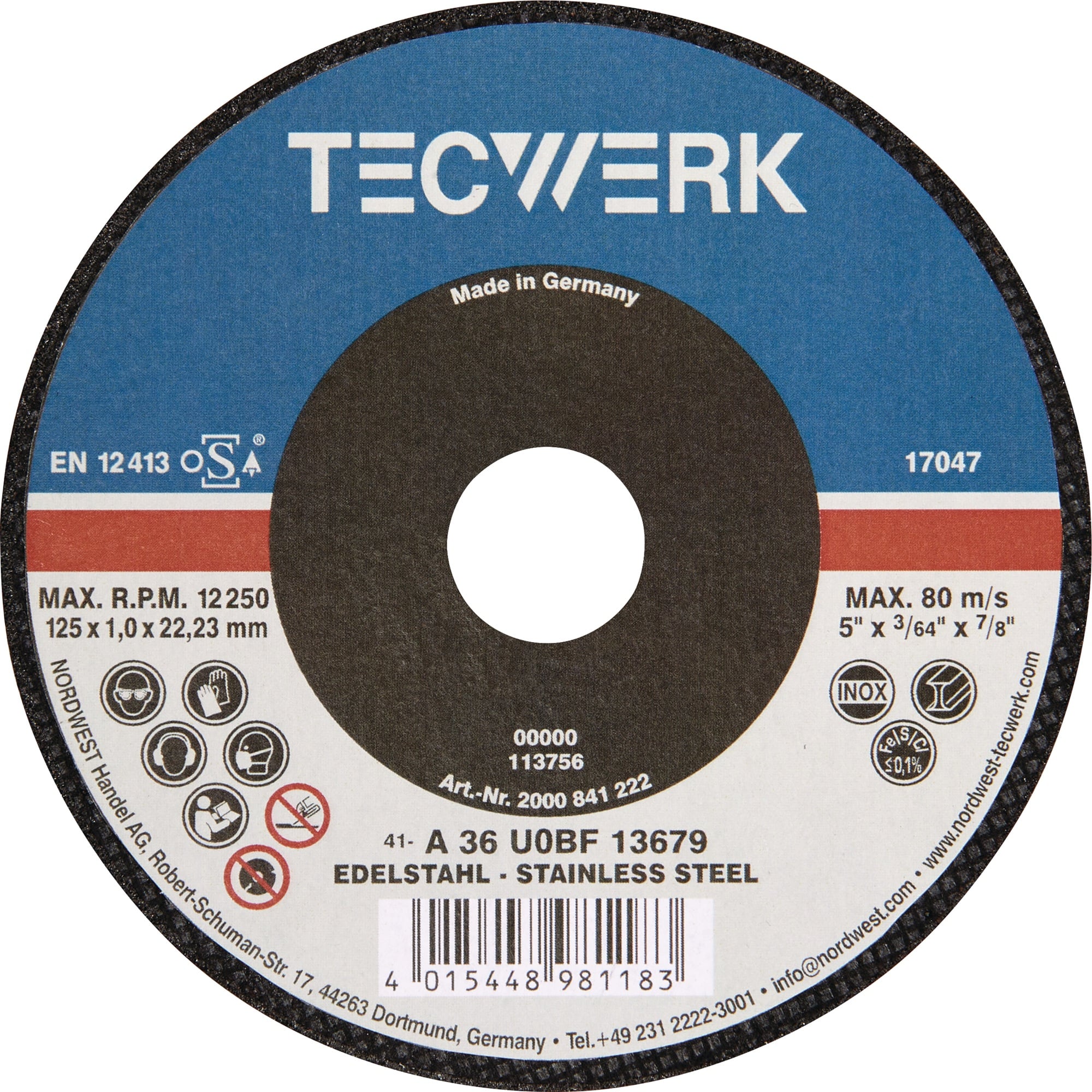 Trennscheibe D125x1mm ger.Keramikkorn Bohr.22,23mm TECWERK