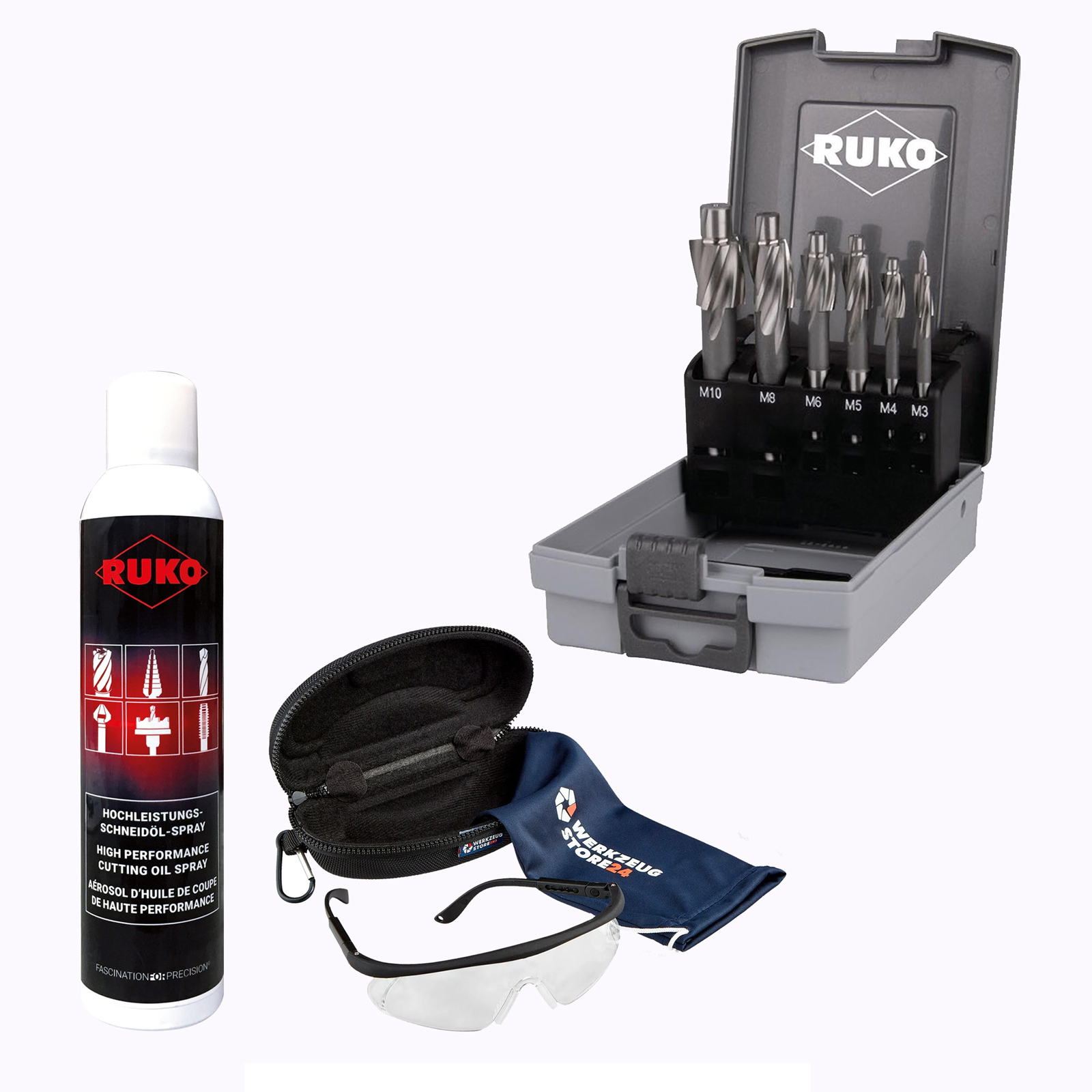 RUKO Flachsenker-Satz DIN 373 HSS mit Zylinderschaft inkl. Spray & Schutzbrille - WZS102451RO