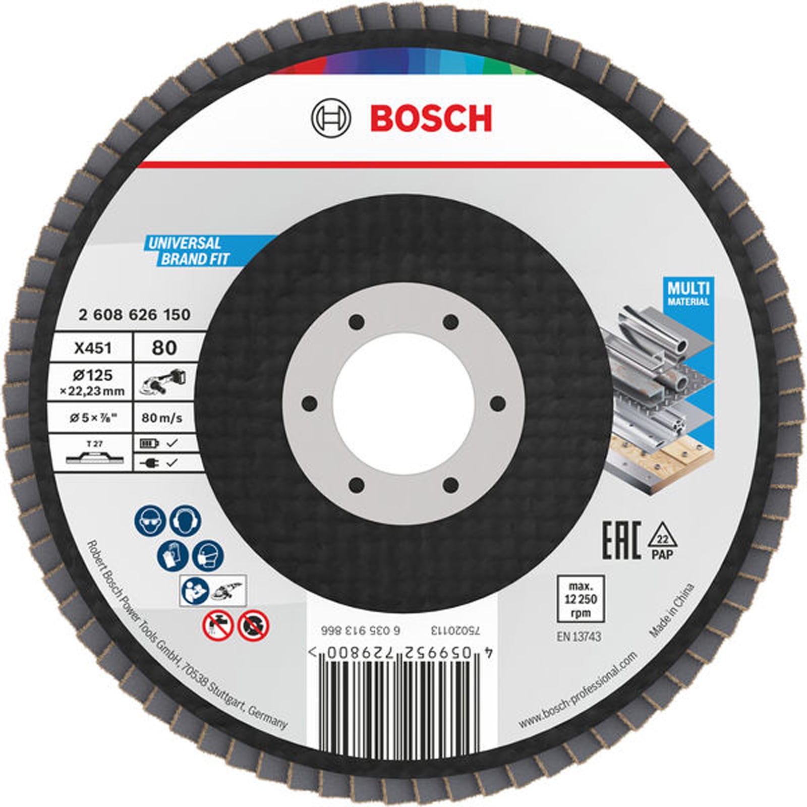 Bosch X451 Fächerschleifscheibe, 125 x 22,23 mm, K80, Z27, 15-tlg