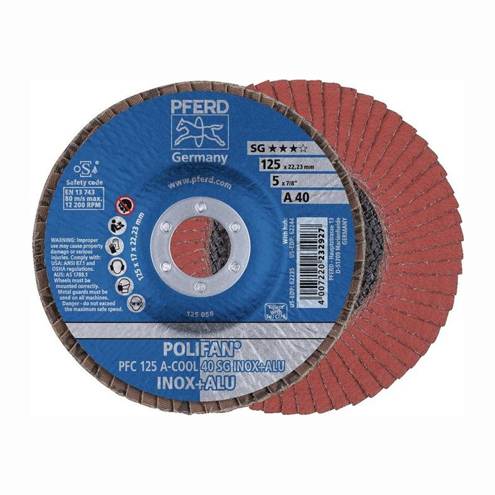 PFERD 10x Fächerscheibe POLIFAN A-COOL SG INOX+ALU Ø 125 mm Körnung A-40 konisch - 67754125