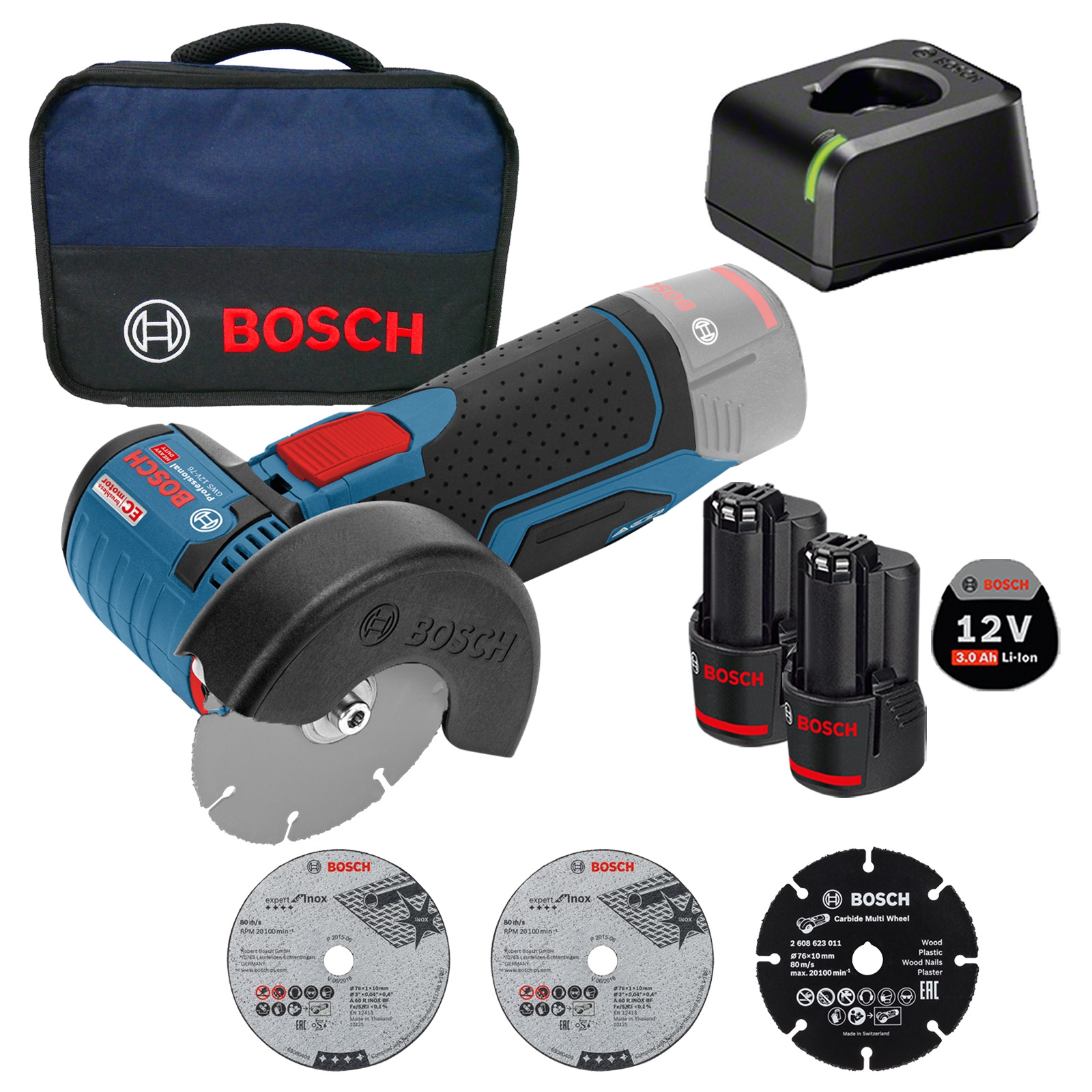 Bosch Akku-Winkelschleifer GWS 12V-76 Ø 76 mm / 2x 3,0 Ah Akku + Ladegerät im Softbag