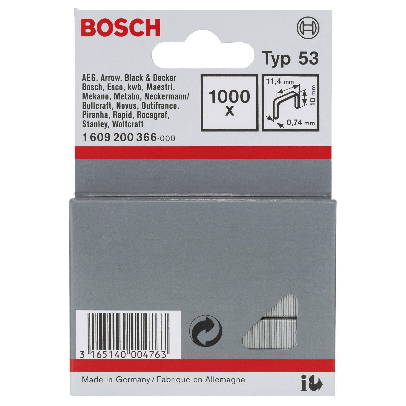 Bosch 1.000x Feindrahtklammer Typ 53, 11,4 x 0,74 x 10 mm - 1609200366