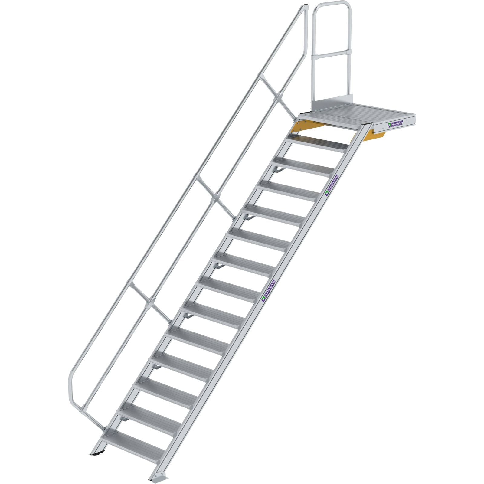 Günzburger Steigtechnik Treppe mit Plattform 45° Stufenbreite 800 mm 14 Stufen Aluminium geriffelt - 600454