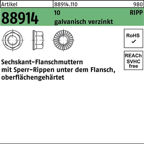 Sechskantflanschmutter R 88914 Sperr-Ripp M6 10 galv.verz. 500 Stück