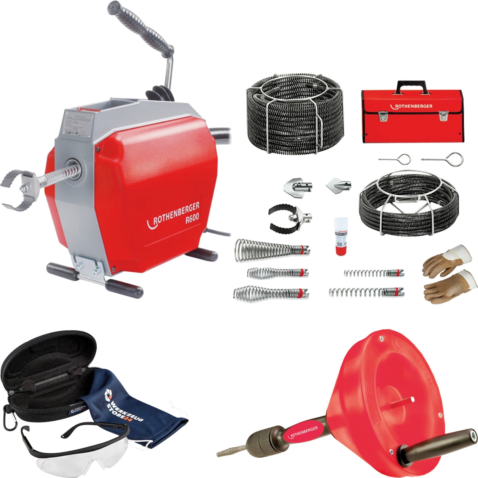 ROTHENBERGER R600 + Spiral/Werkzeugset + ROSPI 8 H+E Plus Hand- und Elektro-Rohrreinigungsgerät, 7,5m + Schutzbrille - 19173-72095-Set