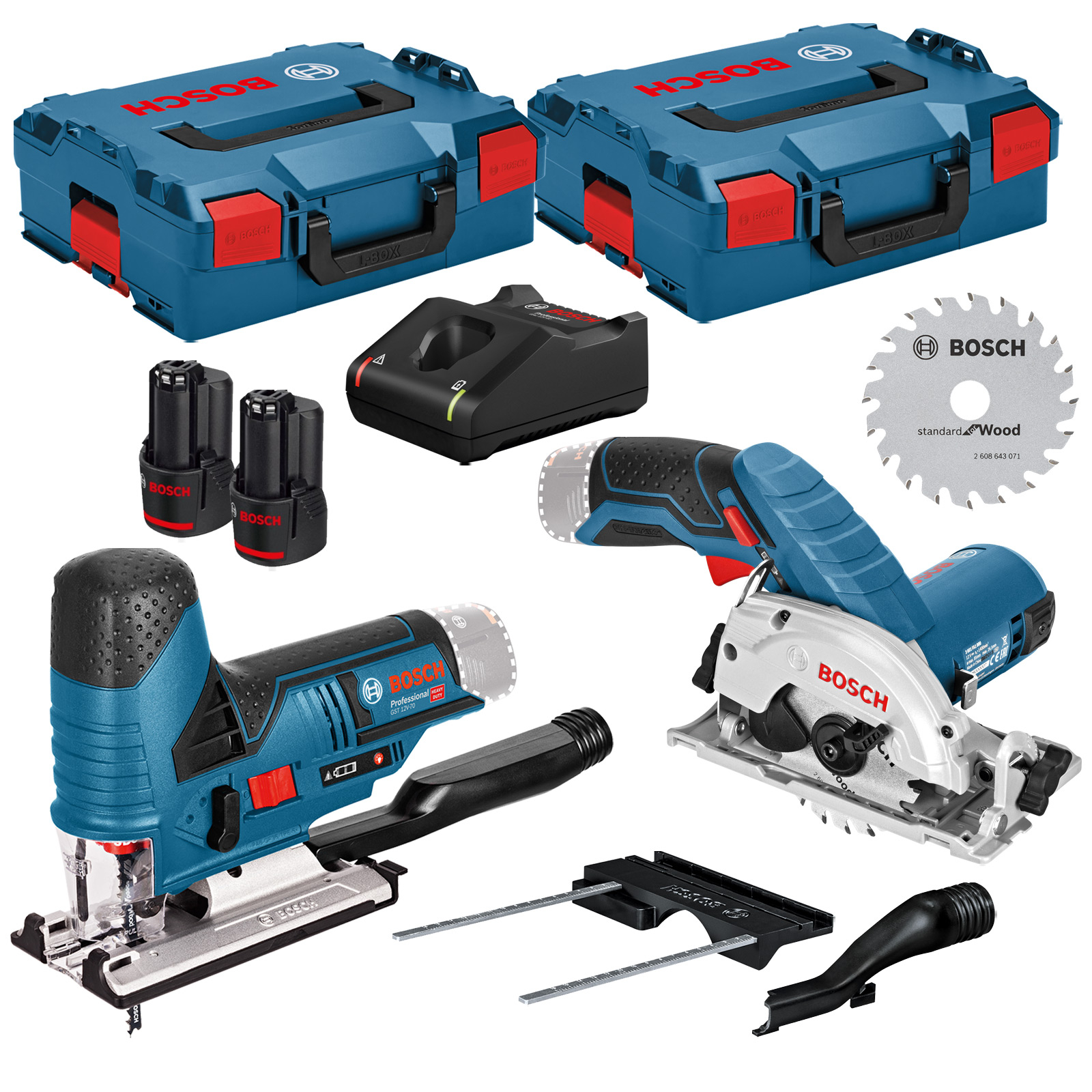 Bosch Akku-Kreissäge GKS 12V-26 Ø 85 mm & Akku-Stichsäge GST 12V-70 2x 2,0 Ah Akku + Ladegerät inkl. 2x L-Boxx 136