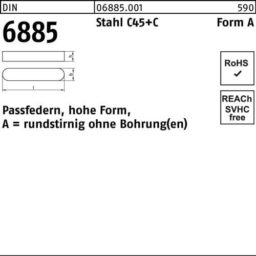 Passfeder DIN 6885 FormA rundstirnig/o.Bohrung A 6x 6x 80 Stahl C45+C 50Stück