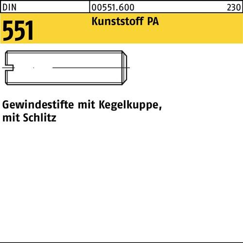 Gewindestift DIN 551 Kegelkuppe/Schlitz M4x 6 Polyamid 100 Stück
