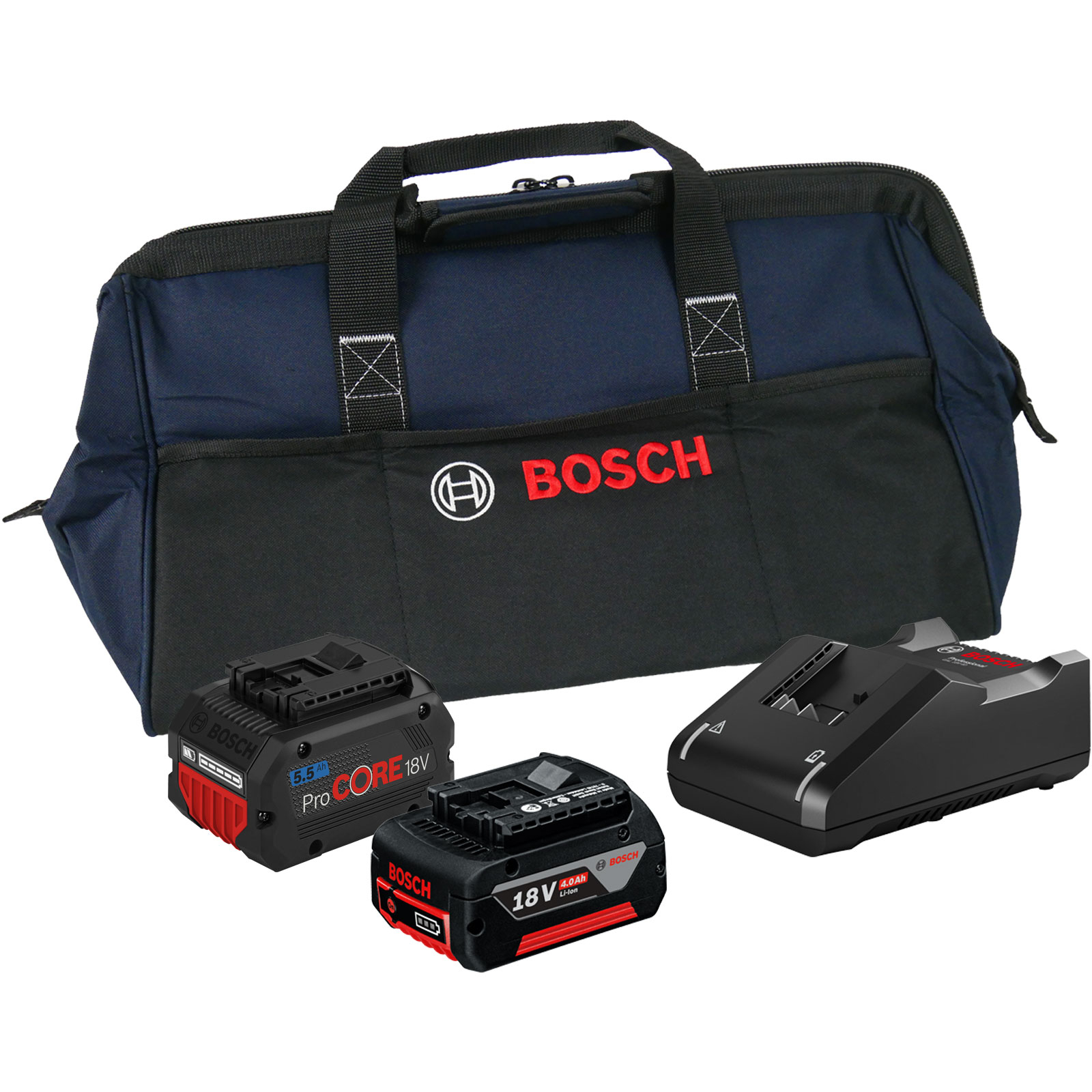 Bosch Starter-Set 18V / 1x 4,0 Ah Akku + 1x 5,5 Ah ProCORE18V Akku + Ladegerät GAL 18V-40 in Handwerkertasche