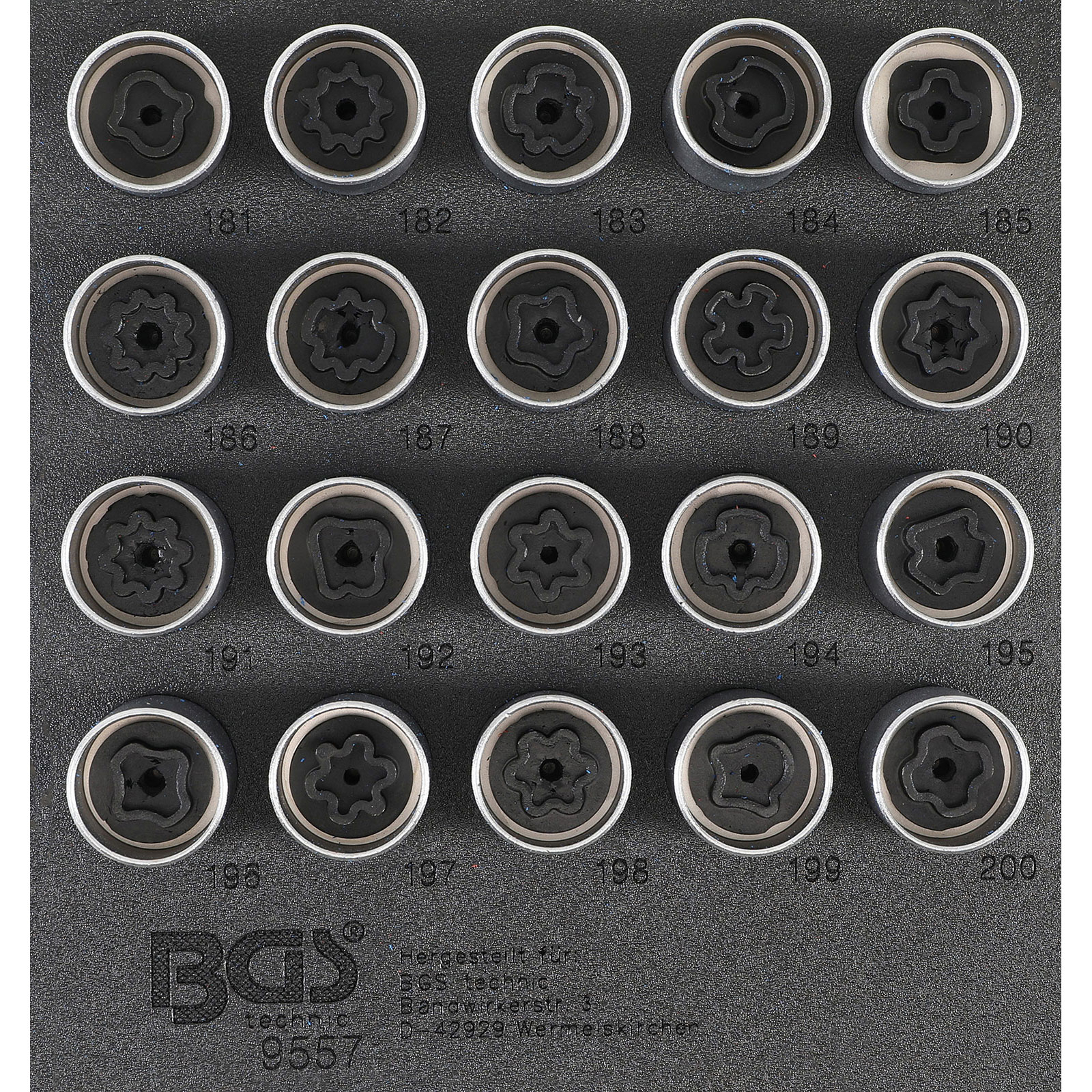 BGS Werkstattwageneinlage 1/6: Felgenschloss-Werkzeug-Satz für Opel (Typ B) 20tlg. - 9557