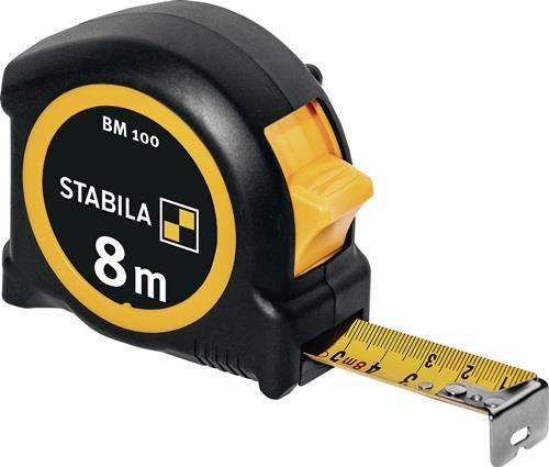 STABILA Taschenbandmaß BM 100, 8 m, Maßband mit metrischer Skala, bruchsicheres ABS-Gehäuse, beweglicher Anfangshaken, Gürtel-Clip, MID-Genauigkeit - 19581