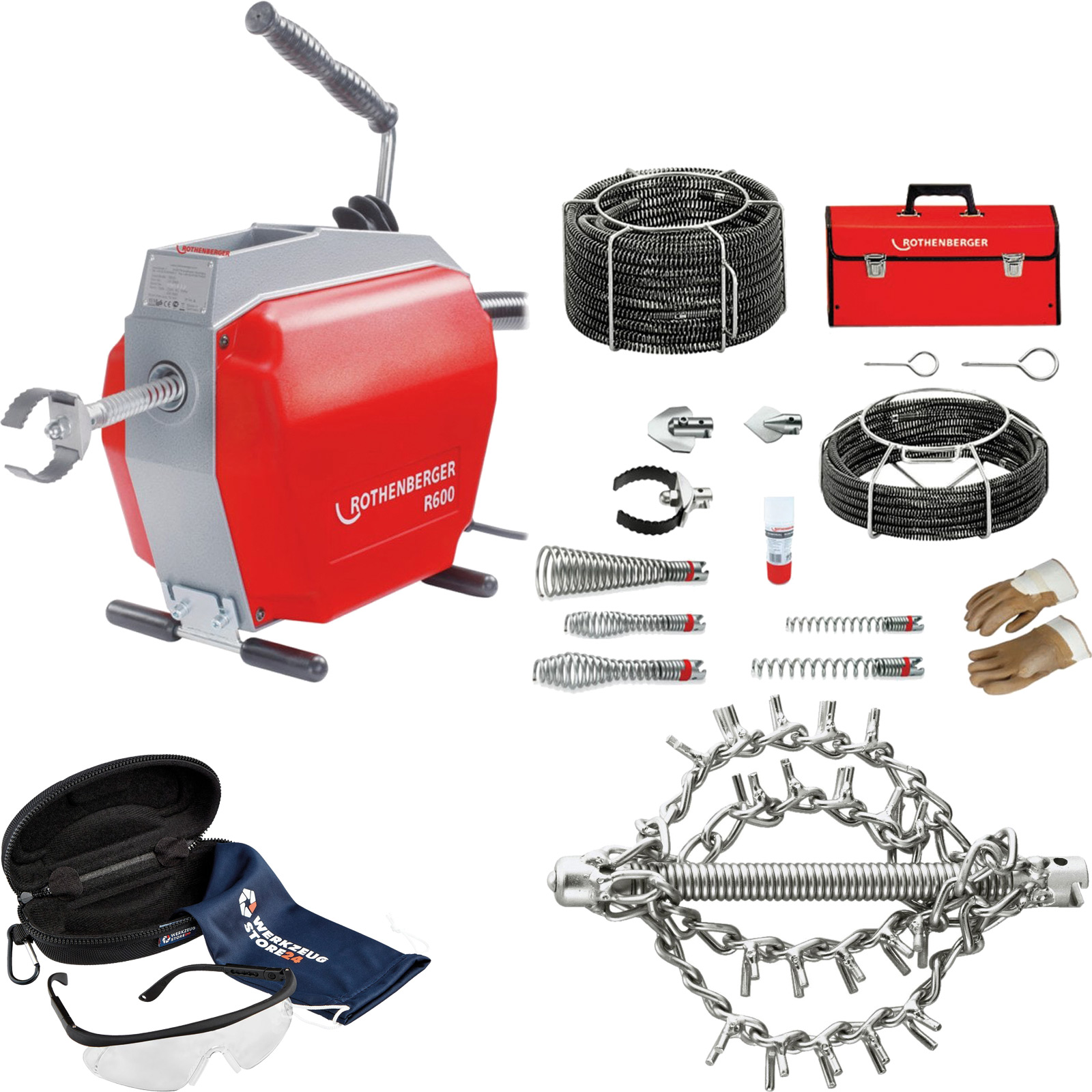 ROTHENBERGER R600 + Spiral/Werkzeugset + Kettenschleuderkopf SP mit 4K, ohne Ring, 22K, D=60mm + Schutzbrille - 19173-72299-Set