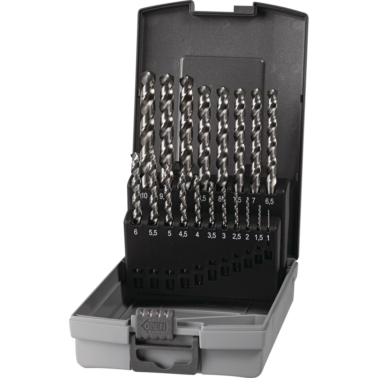 Spiralbohrersatz DIN 338 Typ UNI D.1-10x0,5mm HSS-Co 19-tlg.Ku.-Kass.TECWERK