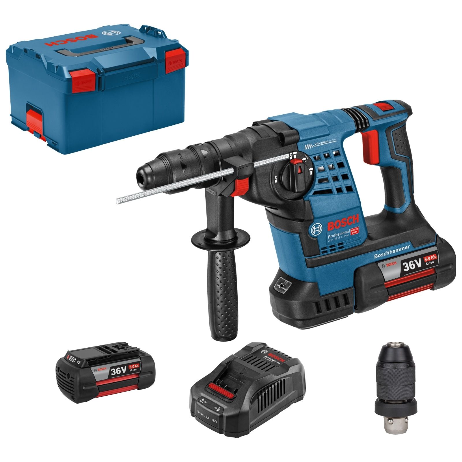 Bosch Akku-Bohrhammer GBH 36VF-LI Plus Professional 36 V / 2x 6,0 Ah Akku + Ladegerät in L-Boxx - 061190700B