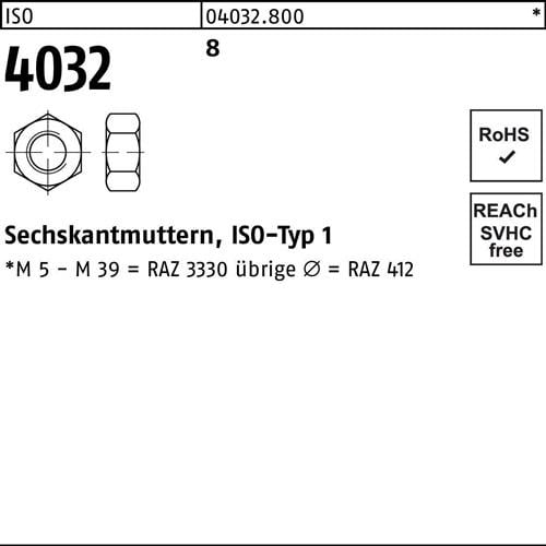 Sechskantmutter ISO 4032 M2,5 8 1000 Stück