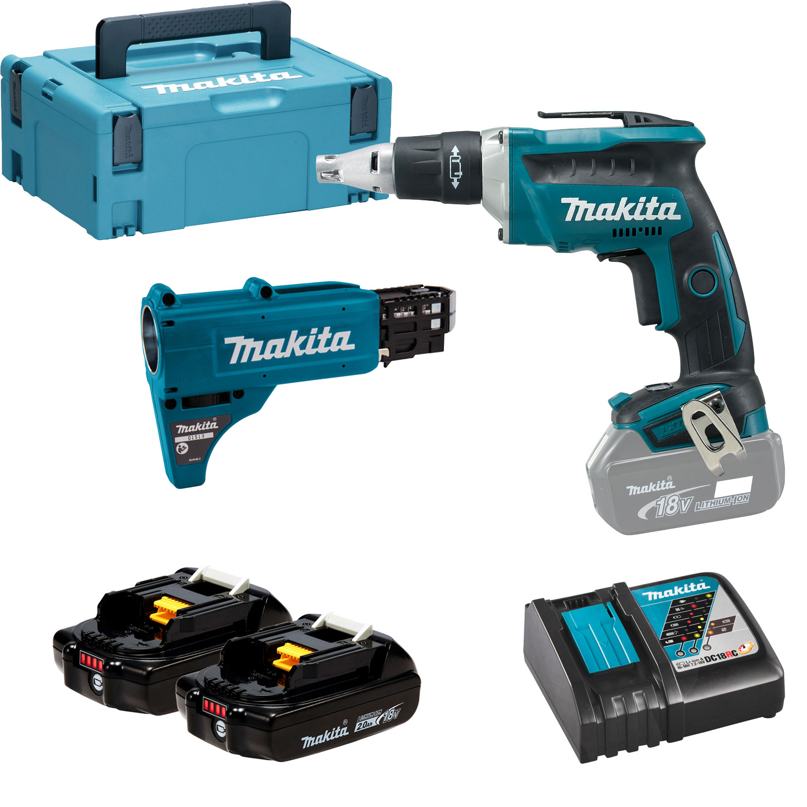 Makita DFS452AJX2 Akku-Schnellbauschrauber 18 V / 2x 2,0 Ah Akku + Ladegerät inkl. Magazinaufsatz im MakPac