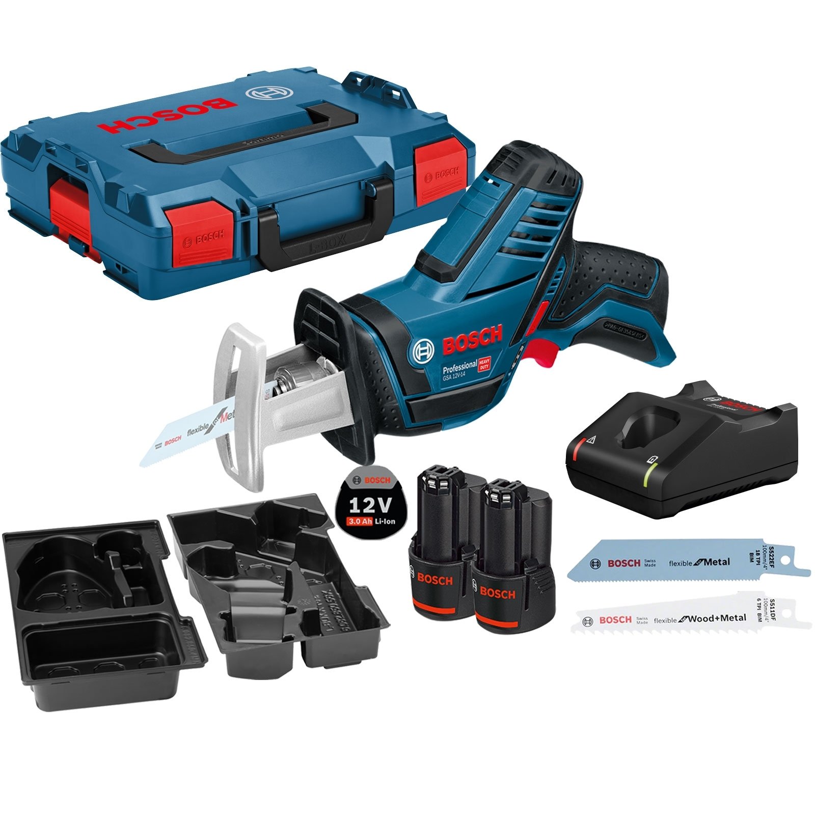 Bosch Akku-Säbelsäge GSA 12V-14 / 2x 3,0 Ah Akku + Ladegerät in L-Boxx - 060164L976