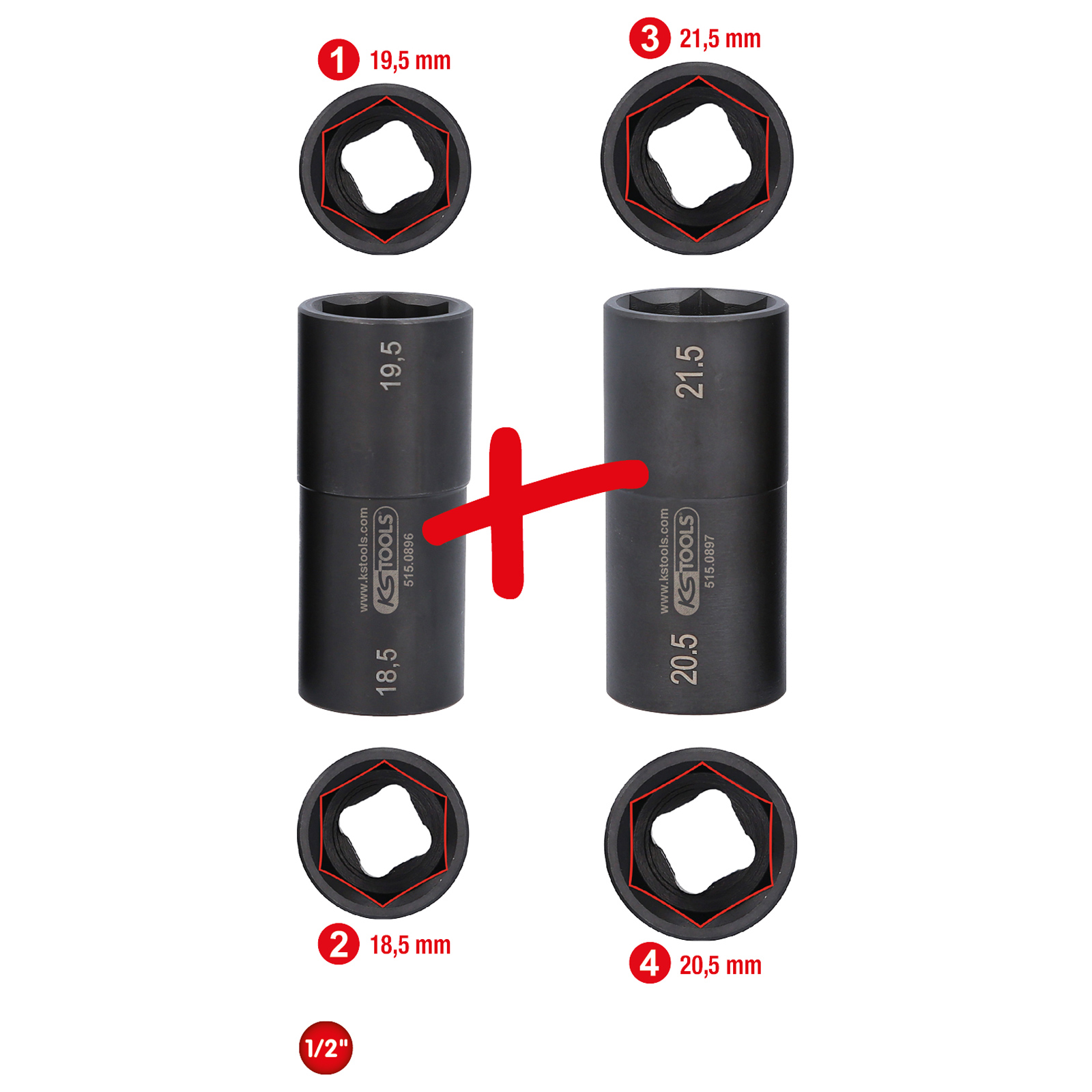 KS TOOLS 1/2" Spezial-Alu-Felgen-Kraft-Stecknuss-Satz für Ford 18,5 / 19,5 / 20,5 / 21,5 mm 2tlg. - 515.0895