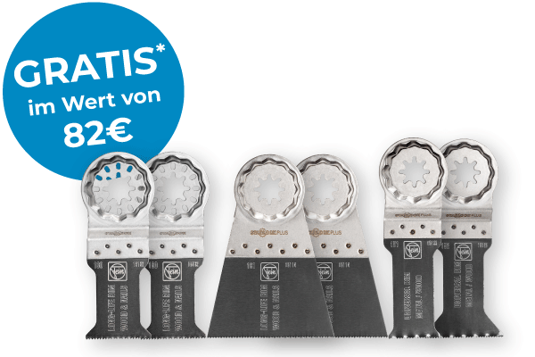 Jetzt FEIN Multimaster Zubehör-Set im Wert von 82 € gratis erhalten Gratis Zubehör-Set für FEIN Multimaster im Wert von 82 € sichern