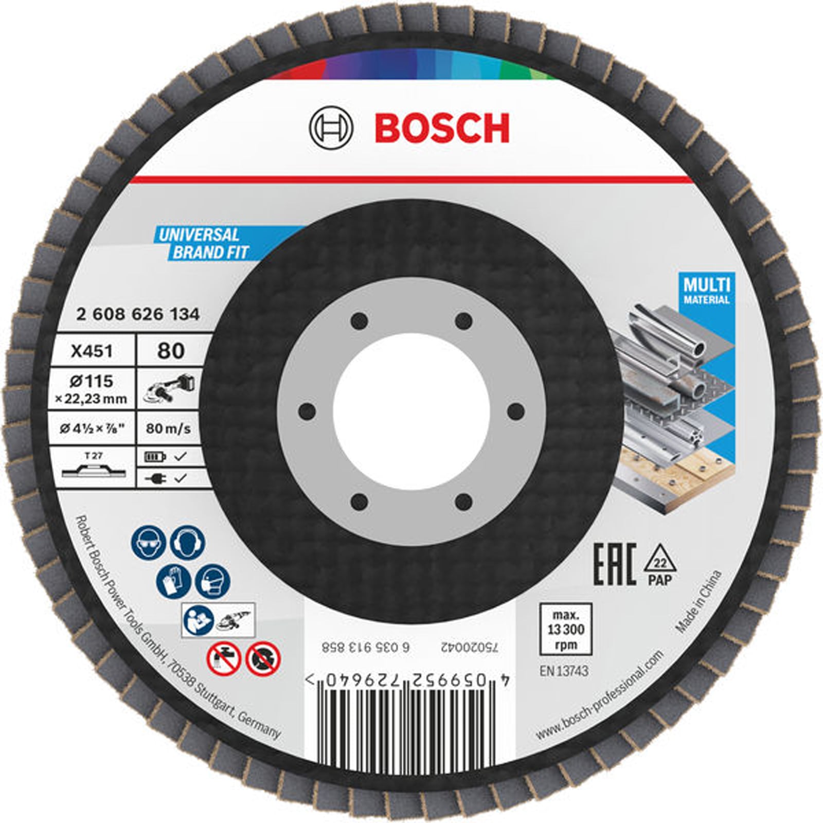 Bosch X451 Fächerschleifscheibe, 115 x 22,23 mm, K80, Z27, 15-tlg