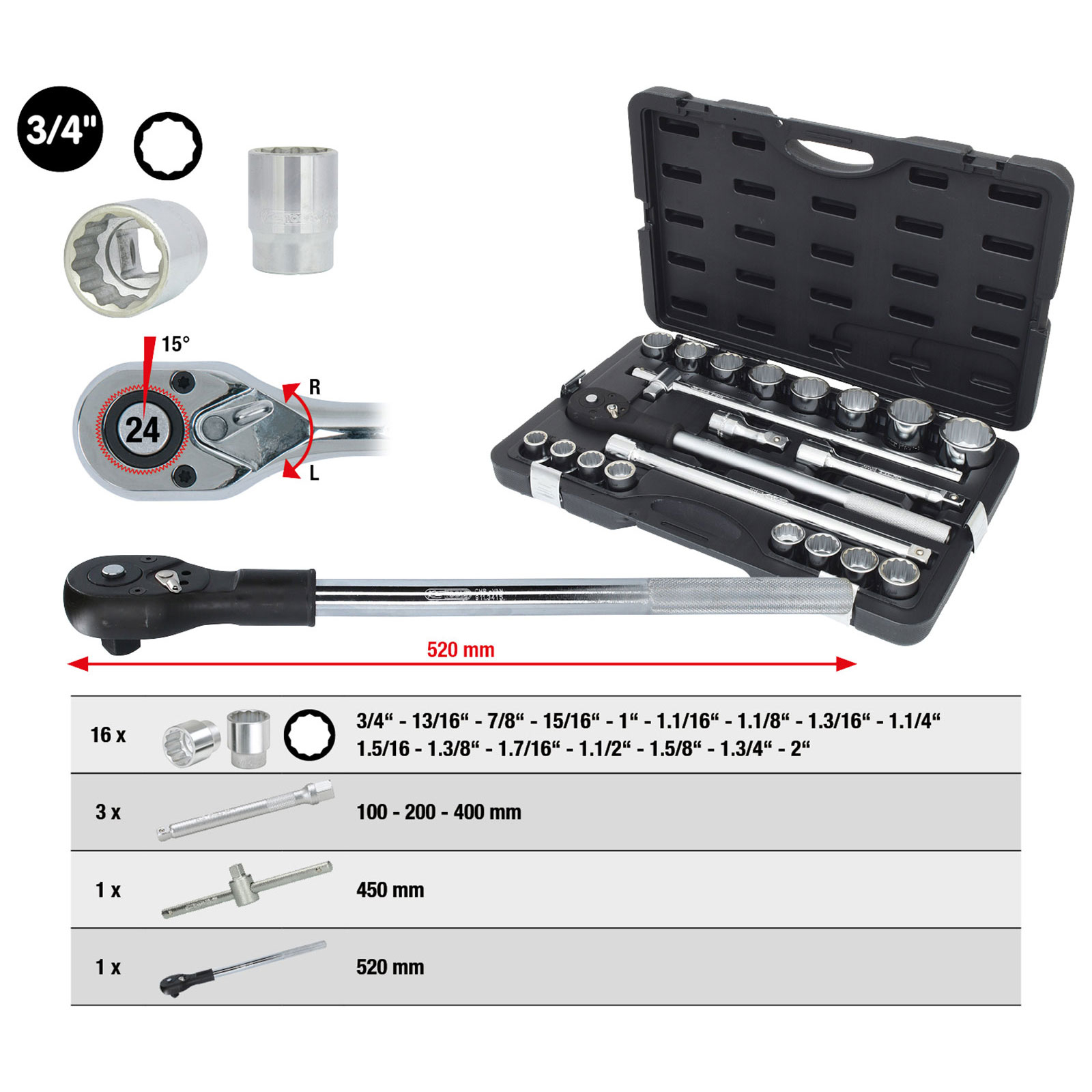 KS TOOLS 3/4" Steckschlüssel-Satz 21tlg. 12-kant - 911.0751