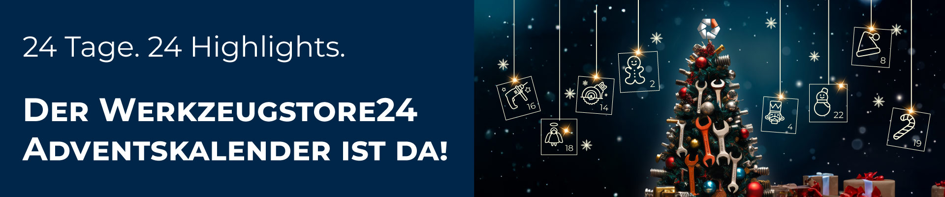 Weihnachtsbanner mit dekoriertem Baum, Werkzeug-Icons und Geschenken