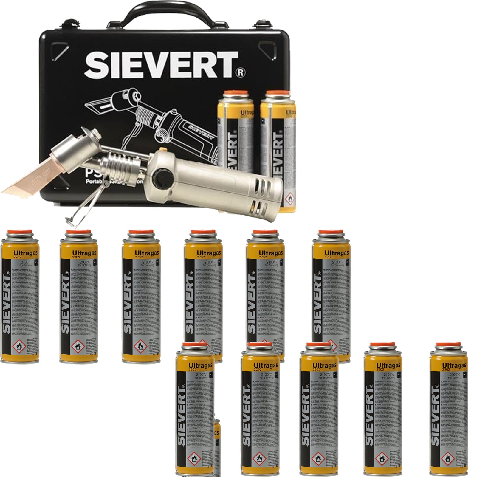 SIEVERT Weichlötkolbenset PSI 3380 + 12x Schraubkartusche Ultragas 60 gr.