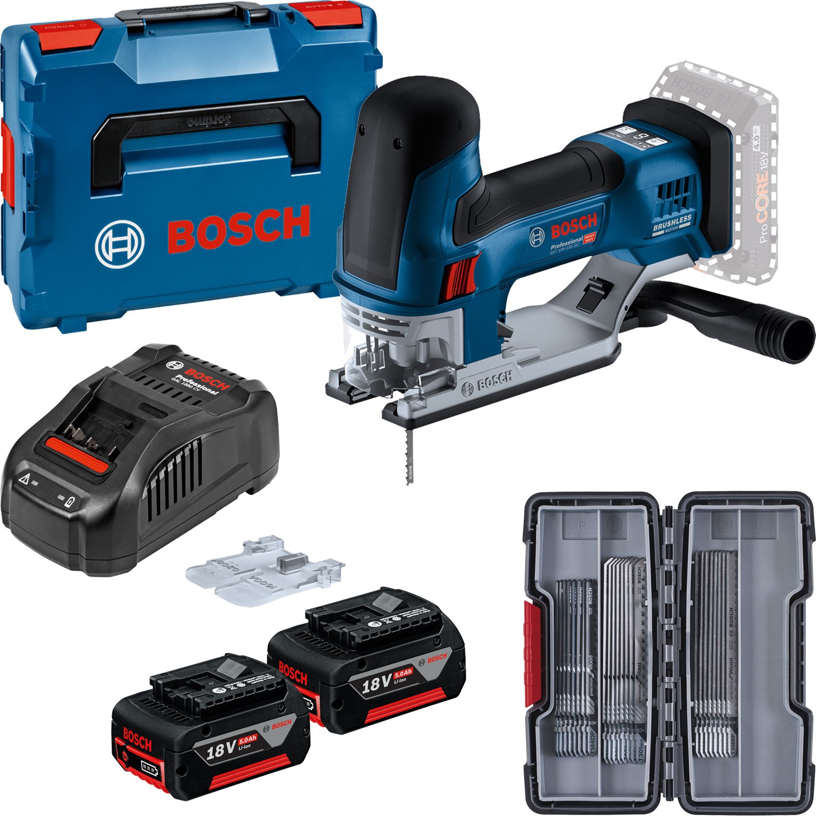 Bosch Akku-Stichsäge GST 18V-155 SC / 2x 5,0 Ah + Ladegerät in L-Boxx 136 + SSB-Set 30tlg. W