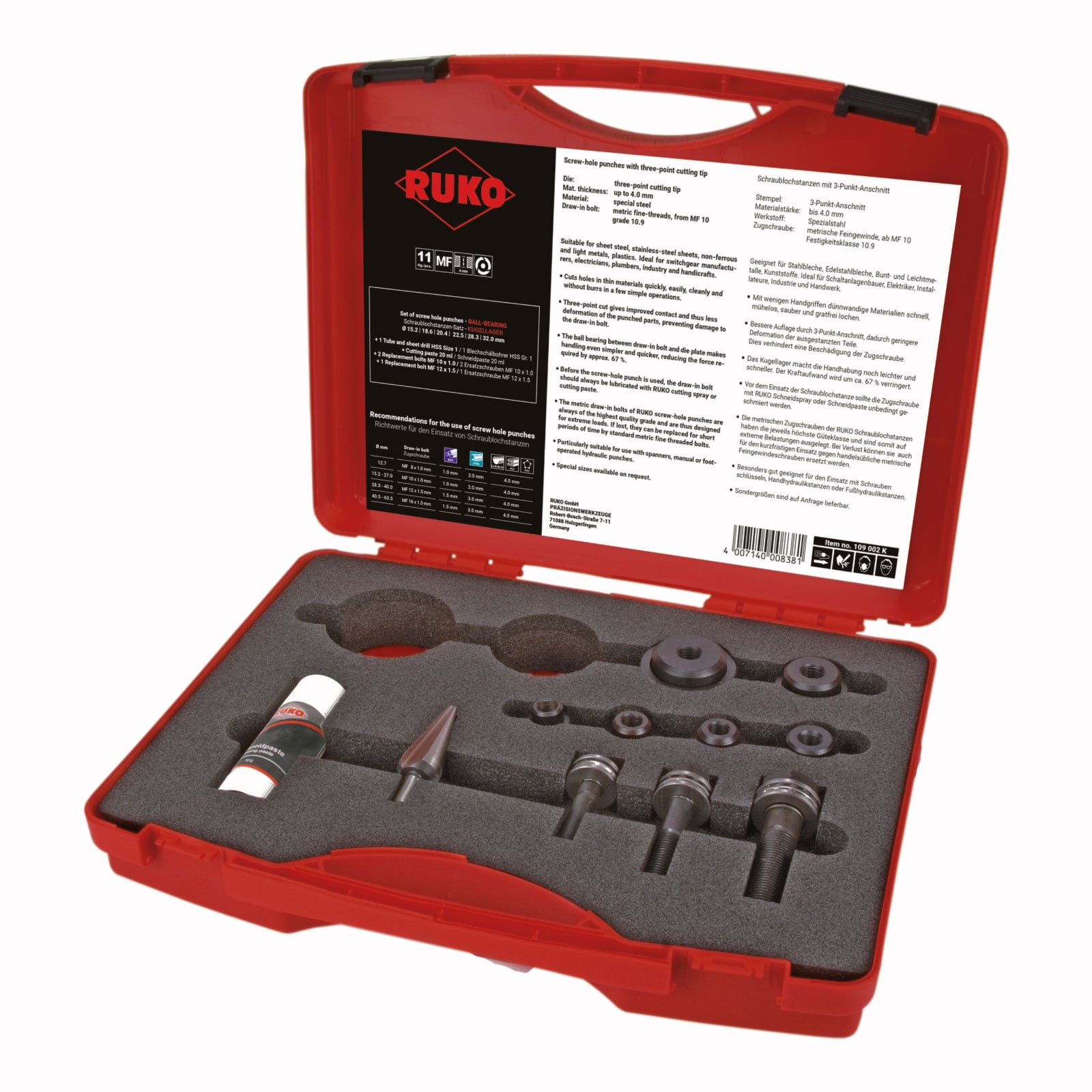 RUKO Schraublochstanzen-Satz mit Kugellager im Kunststoffkoffer - 109002K