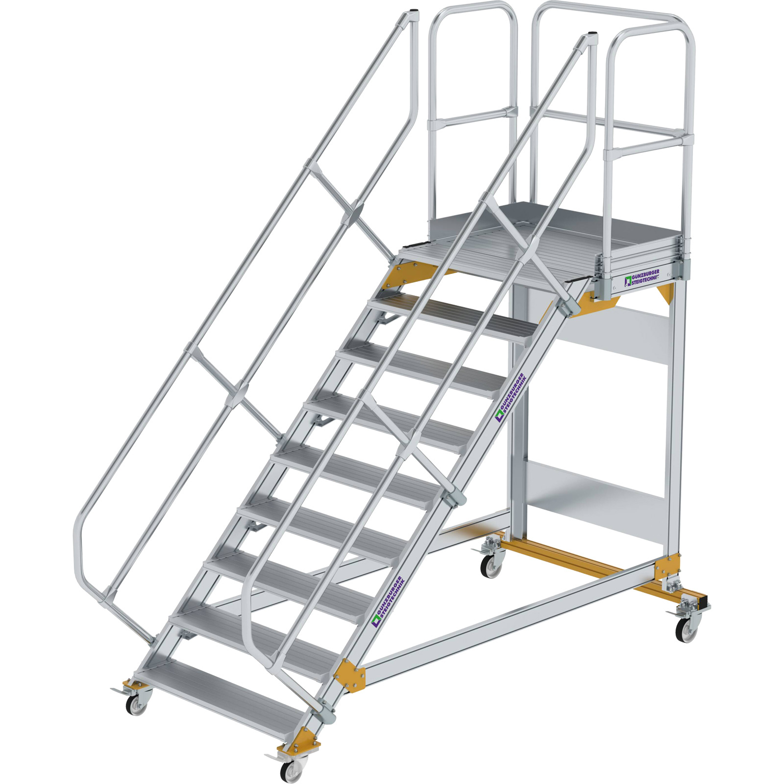 Günzburger Steigtechnik Plattformtreppe 45° fahrbar Stufenbreite 1 m 9 Stufen Aluminium geriffelt - 600809