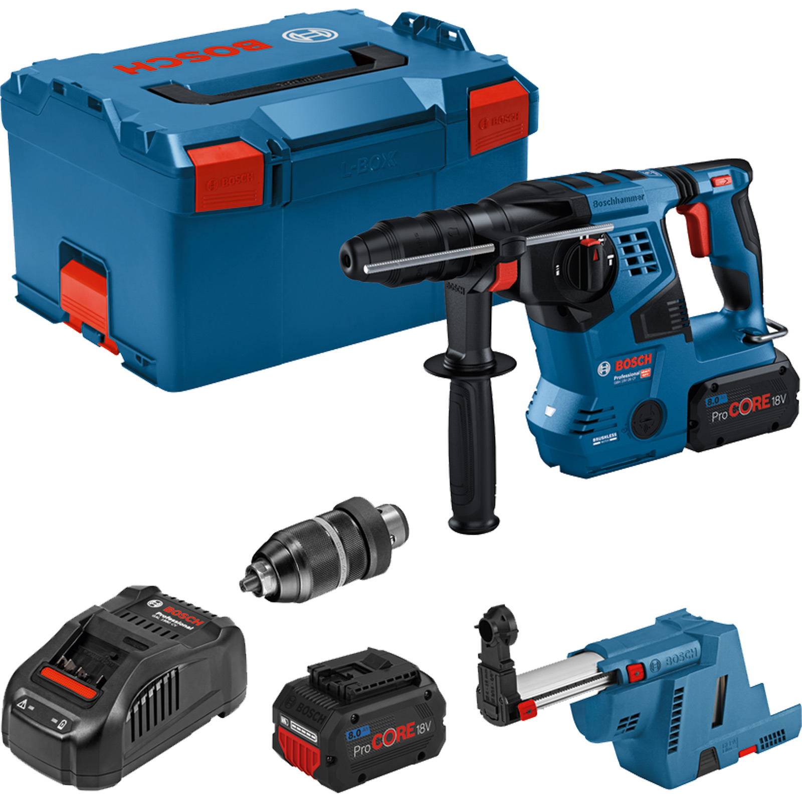 Bosch Akku-Bohrhammer GBH 18V-28 CF mit SDS plus / 2x 8,0 Ah ProCORE18V Akku + Ladegerät inkl. Staubabsaugsystem in L-Boxx - 0611921003