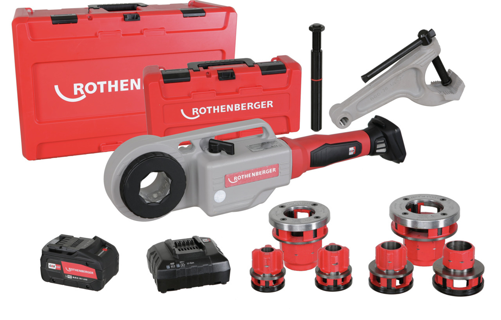 ROTHENBERGER SUPERTRONIC 2000 E Set, mit Gegenhalter, Akku Li-Power 18/4 (4Ah/18V), Ladegerät EU und BSPT R, 1/2"-3/4"-1"-1.1/4"-1.1/2"-2" - 1000003389