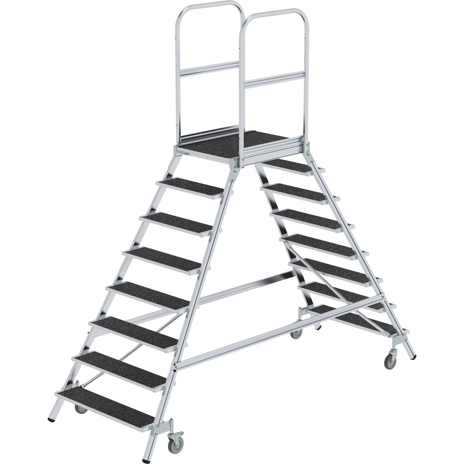 Günzburger Steigtechnik Podesttreppe beidseitig begehbar mit Federrolle Korundbeschichtung R13 2x8 Stufen - 059208